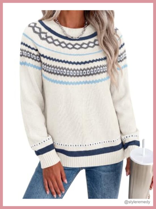 Sweaters - Fair Isle Crew Neck Pullover Sweater, Cozy Knit Long Sleeve Top
